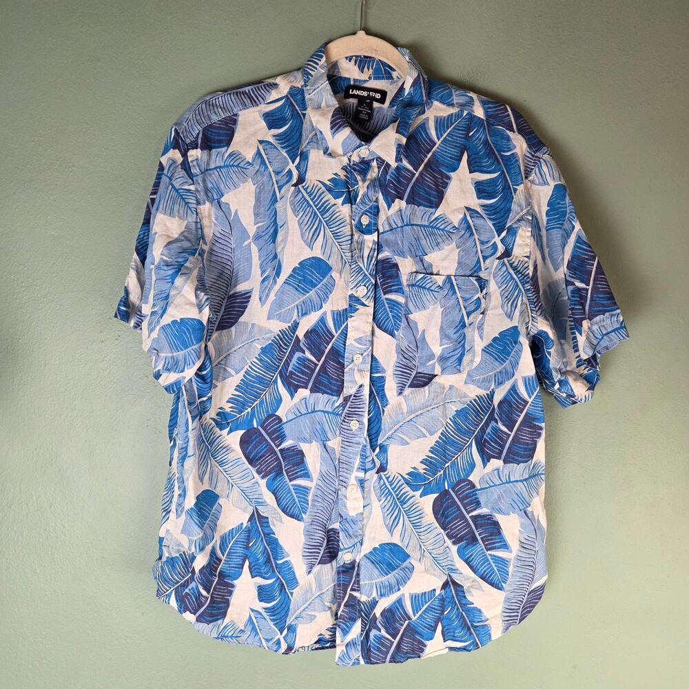 Lands End Mens Large Blue Feather Print Button Down Short Sleeve Linen Shirt